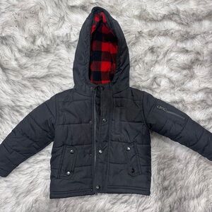 OSH KOSH B’GOSH Kids Black Winter Jacket with Red Plaid Fleece Lining Size 3T